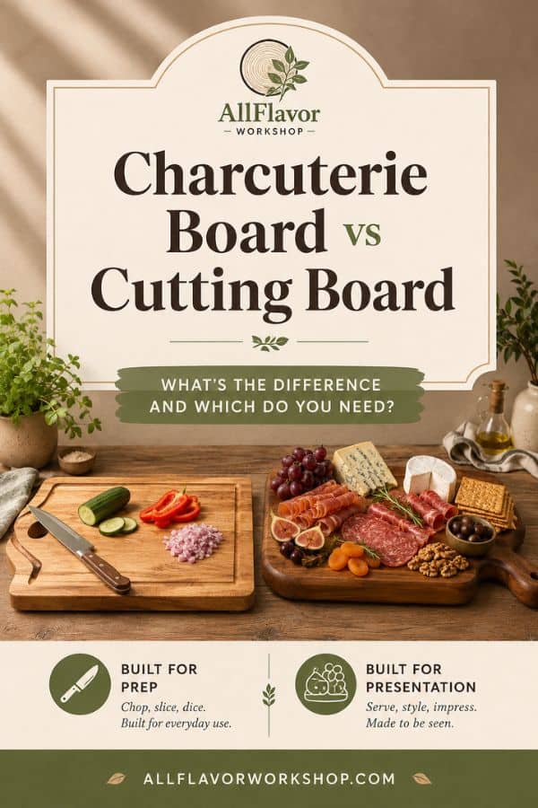 Charcuterie board vs cutting board comparison showing the differences between wooden serving and cutting boards