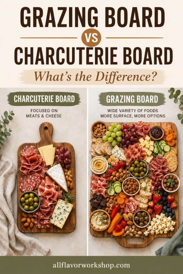 Grazing board vs charcuterie board comparison showing the difference in food, size, and serving style