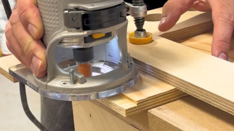 Cutting a rabbet with a handheld router and DIY router rabbet jig.