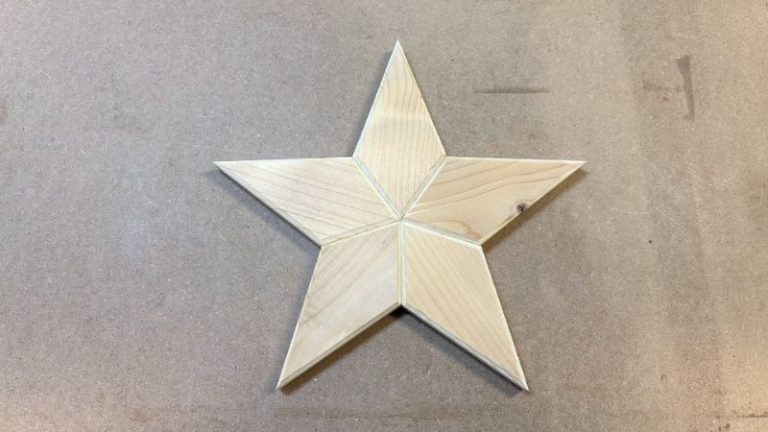 Five-point wooden star pieces cut using a 36 degree table saw angle.