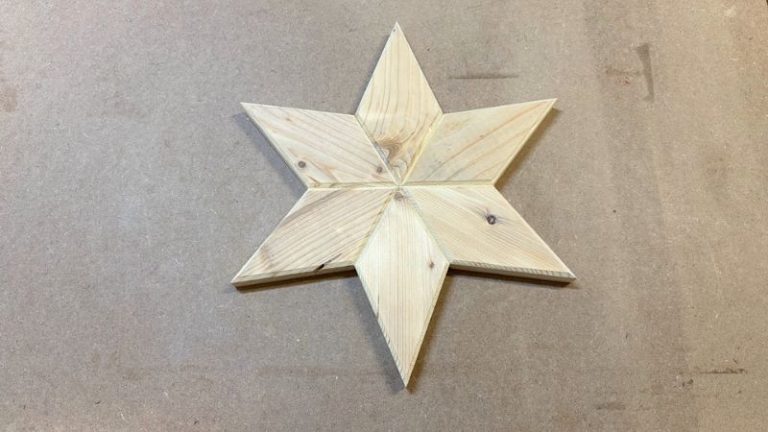 Six-point wooden star made from segments cut at 30 degrees per side.