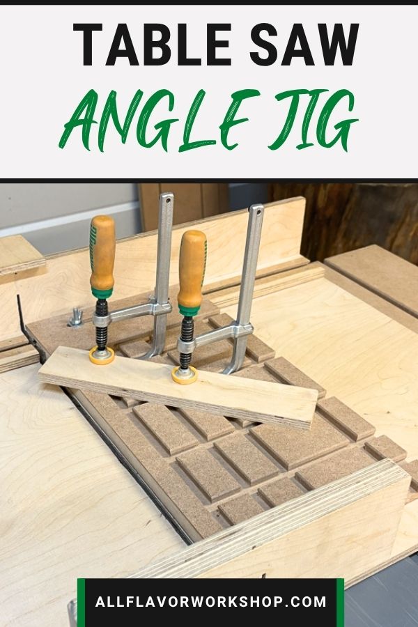 DIY table saw angle jig with a workpiece clamped at an angle on a table saw sled