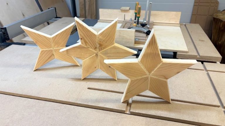 Finished 4-point, 5-point, and 6-point wooden Christmas stars made from spruce