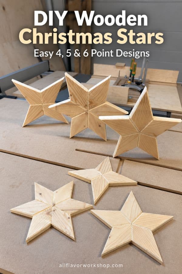 DIY four-point, five-point, and six-point wooden Christmas stars made from spruce
