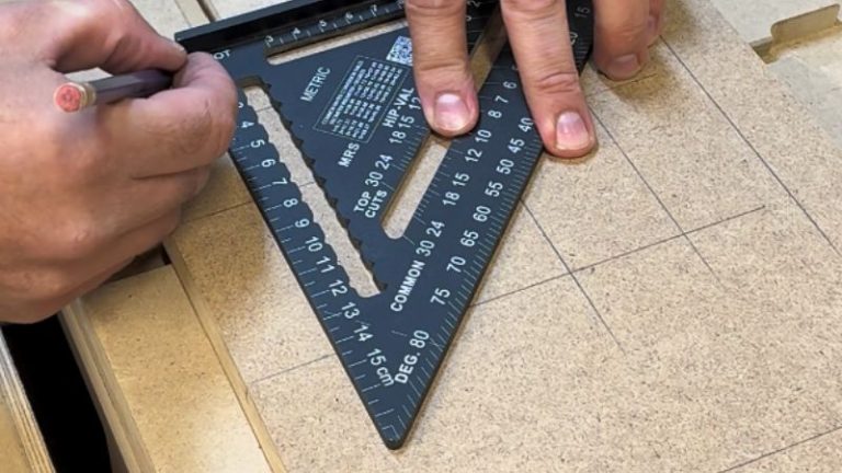 HDF table saw angle jig marked for horizontal and vertical dovetail slots.