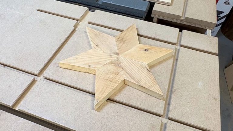 Six spruce pieces arranged to form a 6-point wooden star
