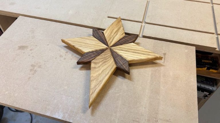 Eight-point wooden Bethlehem star layout with four oak points and four walnut points.