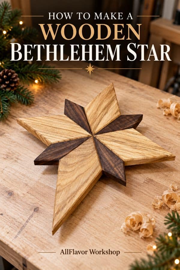 DIY wooden Bethlehem star made from contrasting oak and walnut