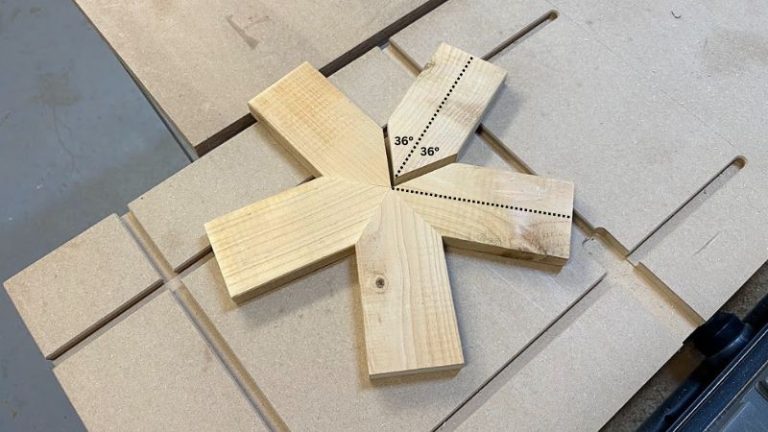 Diagram showing how a 72 degree wooden star center angle is made from two 36 degree cuts.