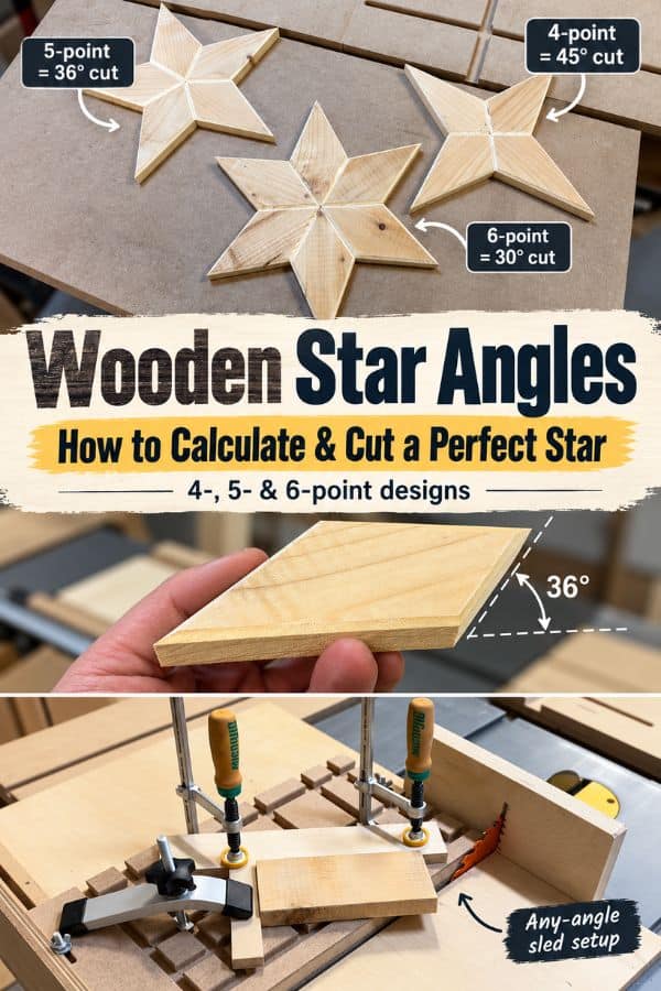 Spruce 4-point, 5-point, and 6-point wooden stars with a table saw setup for calculating and cutting star angles