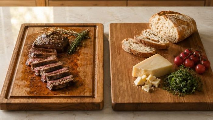 Cutting board with a juice groove compared with a flat cutting board without a groove.