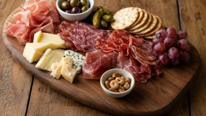 Wooden charcuterie board made from walnut and used for serving cheese, meat, fruit, and crackers.