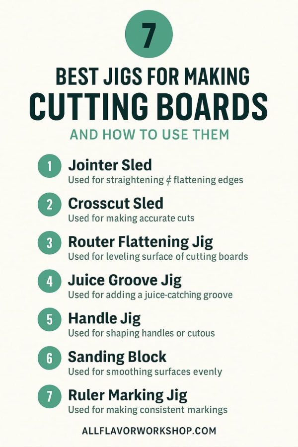 Best jigs for making cutting boards, including jointer sled, crosscut sled, router flattening jig, juice groove jig, and more