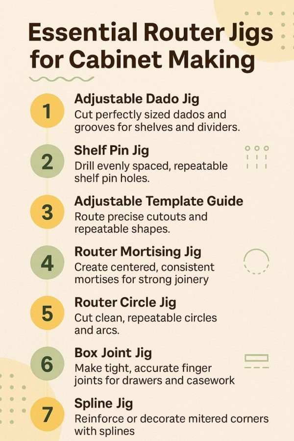 Infographic listing essential router jigs for cabinet making and their uses