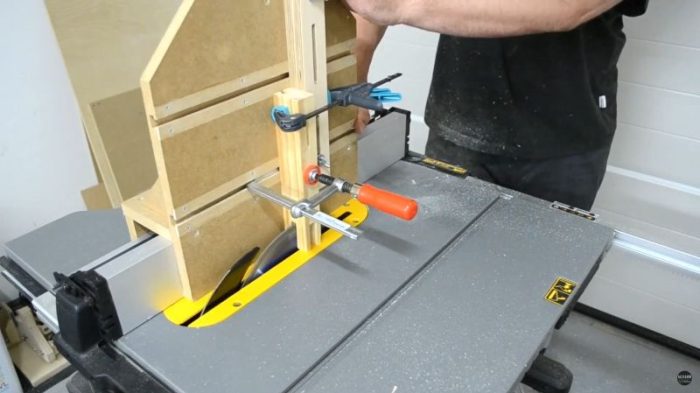 Table saw tenoning jig made from MDF with dual T-tracks and over-the-fence mounting