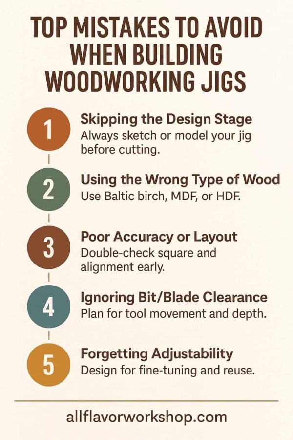 Infographic listing the top 5 woodworking jig mistakes and how to avoid them, including tips on material choice, accuracy, design planning, clearance, and adjustability.