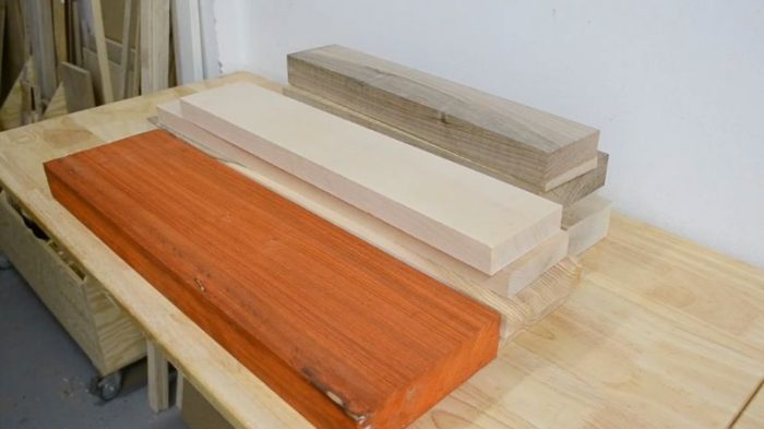 clean-boards-ready-for-cutting Padauk, Walnut, Ash and Beech panels clean and ready for cutting.