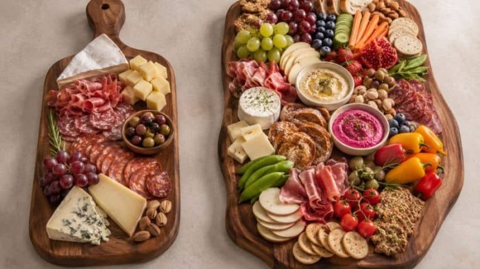 Grazing board vs charcuterie board showing the difference between two wooden food serving boards.